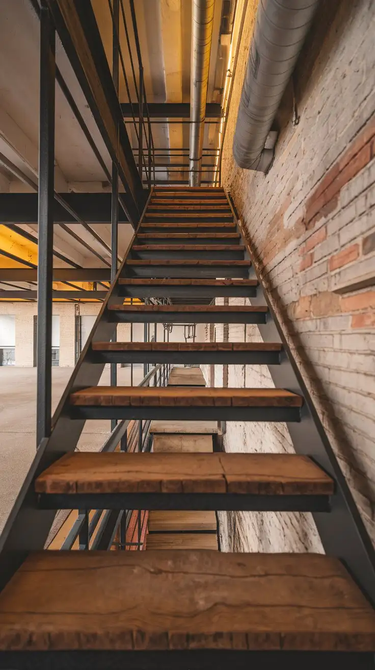 Interior design photograph, low-angle shot, emphasizing a steel stringer staircase in a renovated warehouse loft. The staircase features exposed steel stringers painted in matte black, with thick reclaimed wood treads. The background is exposed brick and ductwork, showcasing the industrial aesthetic. Lighting is warm and ambient, highlighting the textures of the materials. Style: Industrial modern, urban design, raw and refined, professional photography, no clutter.