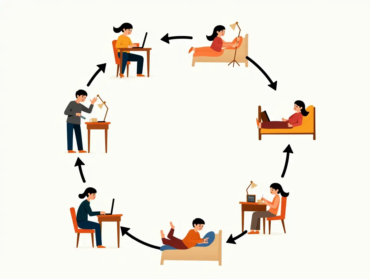 An illustration that represents the cycle of daily routine. Make a montage of images of a person in the following actions: waking up, getting ready to go out, going to work, working, eating, working, coming home, sleeping.