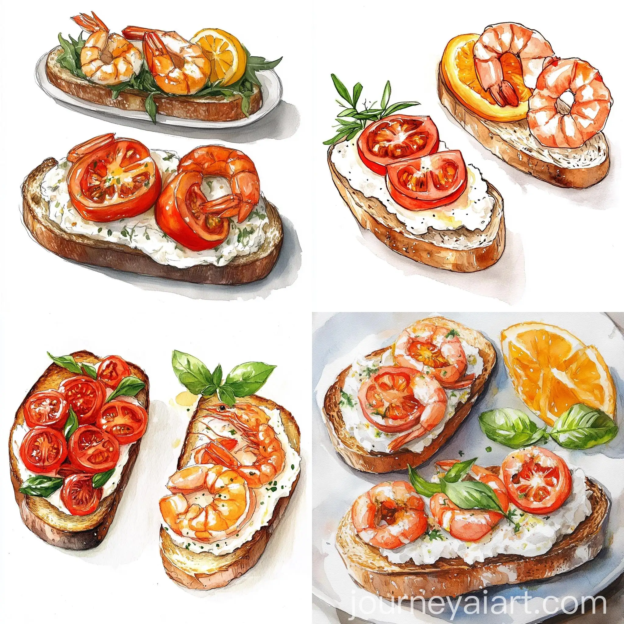 Watercolor-Bruschetta-with-Tomatoes-and-Stracciatella-and-Shrimp-with-Orange
