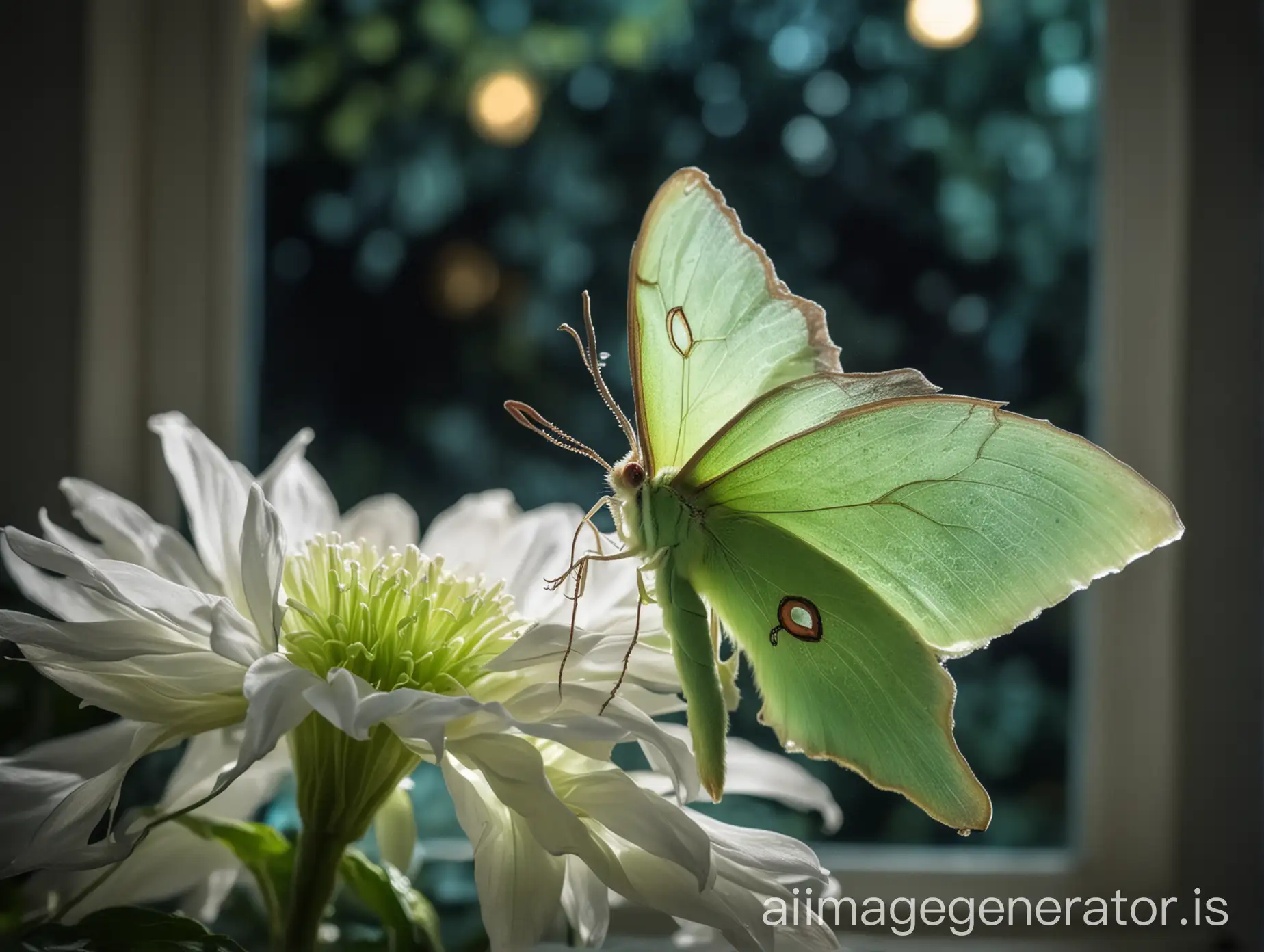 sharp focus, macro photography, bokeh, depth of field, midnight backlight shining through window, opal-green fluorescent luna moth sitting on a big white flower, garden background