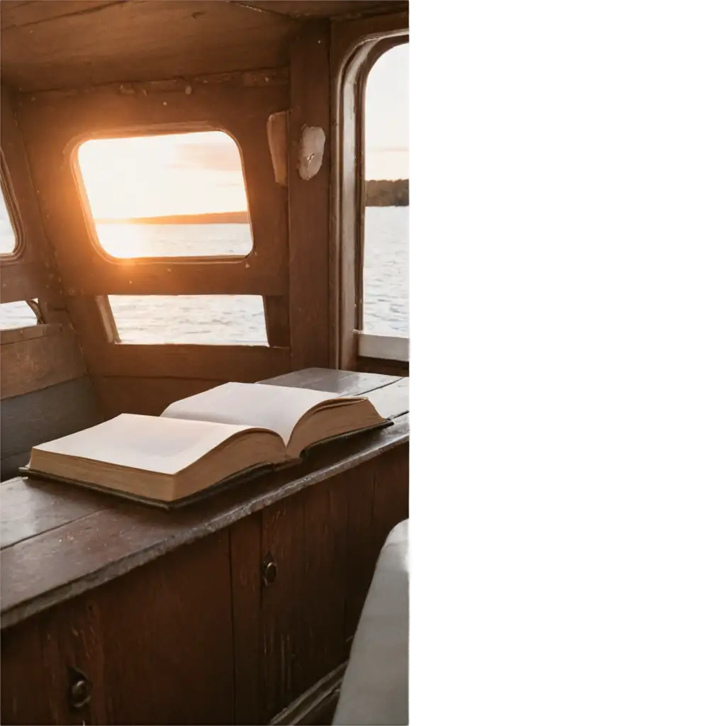 PNG-Image-A-Book-Inside-a-Beautiful-Old-Boat-in-the-Sea-at-Sunset