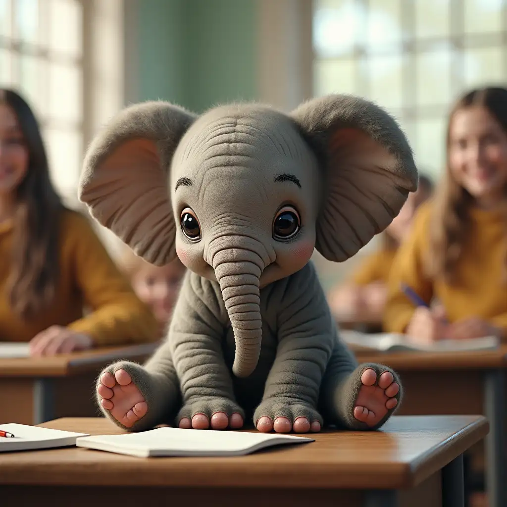 Cute baby elephant sitting in the classroom with students 4 images give me