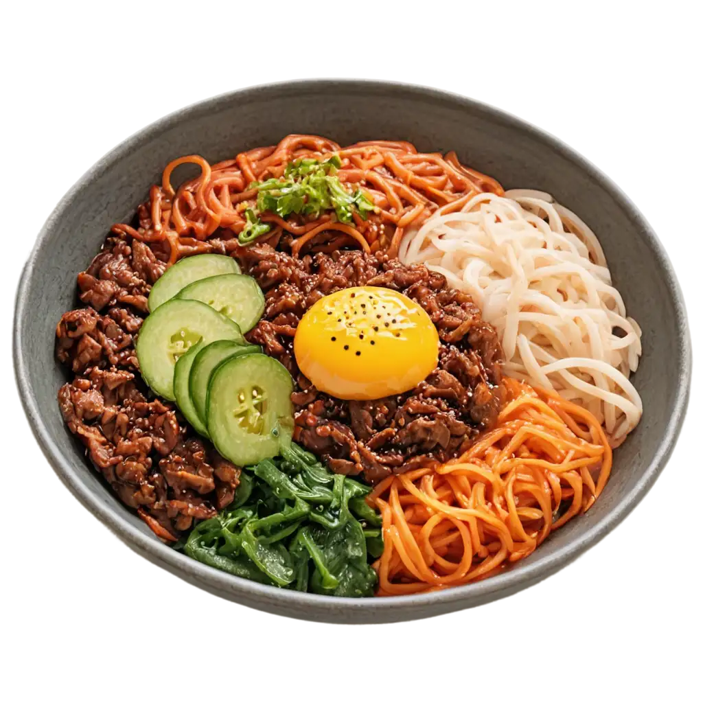 HighQuality-PNG-Image-of-Korean-Spicy-StirFried-Noodles-Bibimpap-with-Beef-Squid-Shrimp-Enoki-Mushrooms-and-Red-Soup