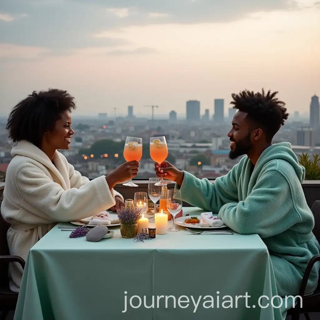 Romantic-Rooftop-Dinner-for-Couple-in-Spa-Robes-with-Spa-Items-and-City-Skyline