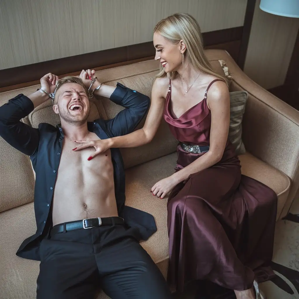 Luxury-Hotel-Room-with-Laughing-Man-and-Woman-in-Satin-Outfit