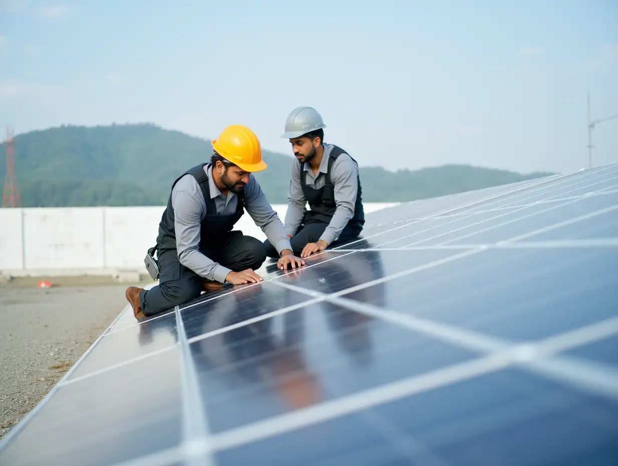 Two skilled workers or craftsmen wearing working gray uniforms, technicians are installing solar panels on a solar farm for clean energy and electricity supply