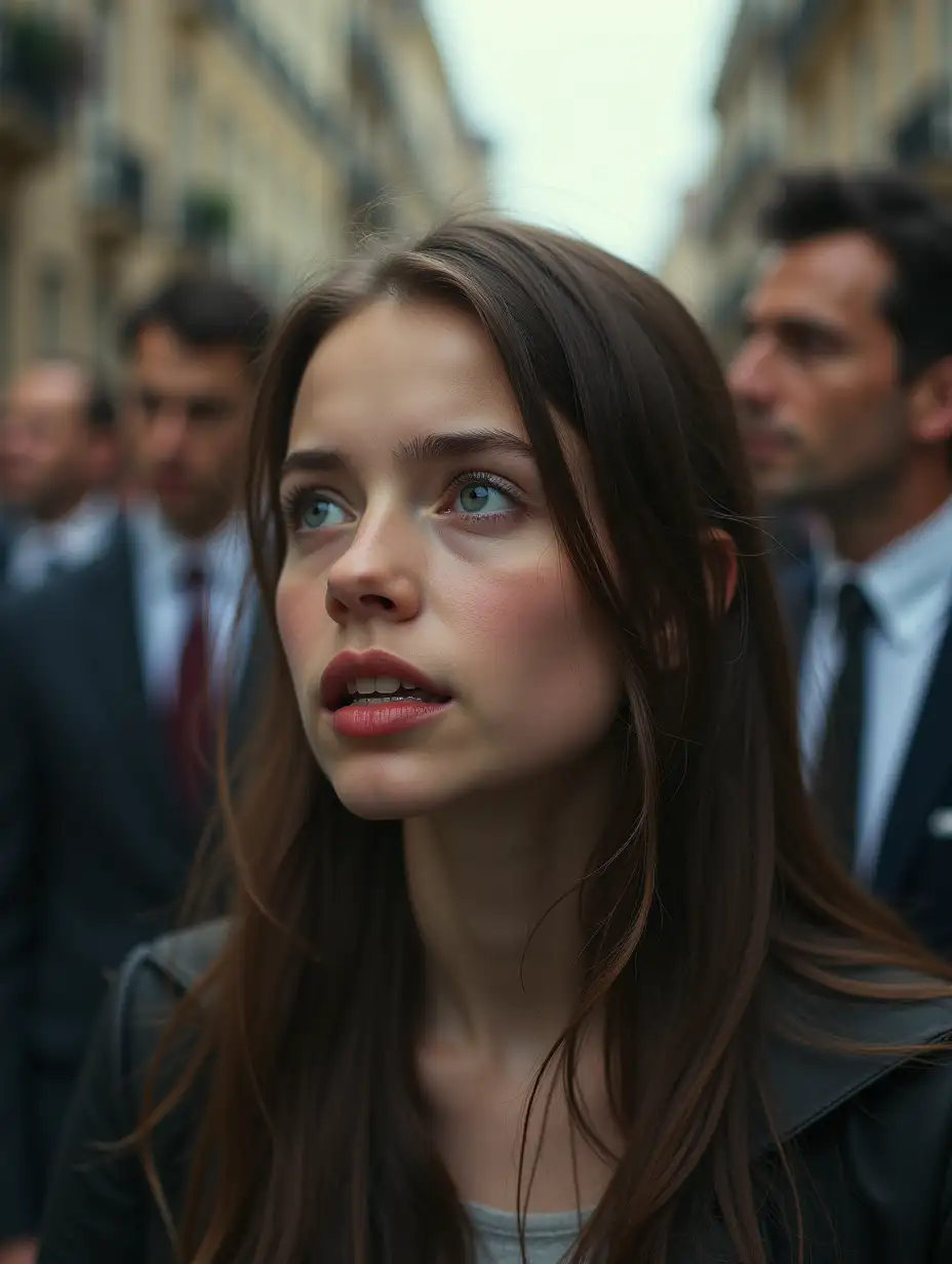 a girl with bad, unkempt teeth, looking from a distance at some businessmen