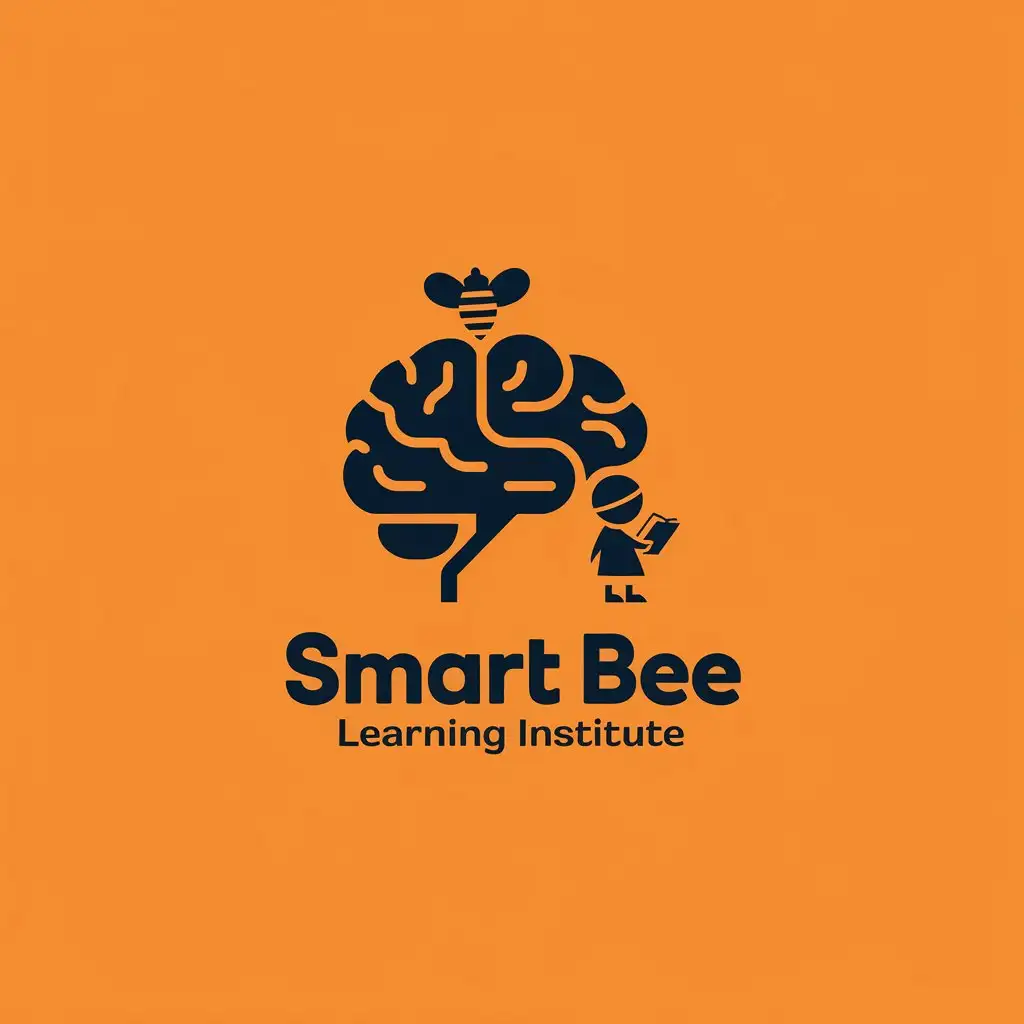 LOGO Design for Smart Bee Learning Institute Navy Blue Brain Nerve Cell Bee Kid and Book with Orange Background