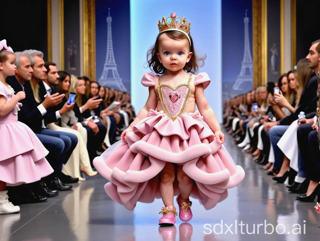 In Paris Collection, a baby modeled after princess disney walks the runway, a baby👶 top model, walking, (full-body image), (audience on both sides), the runway of Paris Collection, the runway of Paris Collection, (eccentric fashion), outrageous fashion, flashy fashion, Paris Collection,