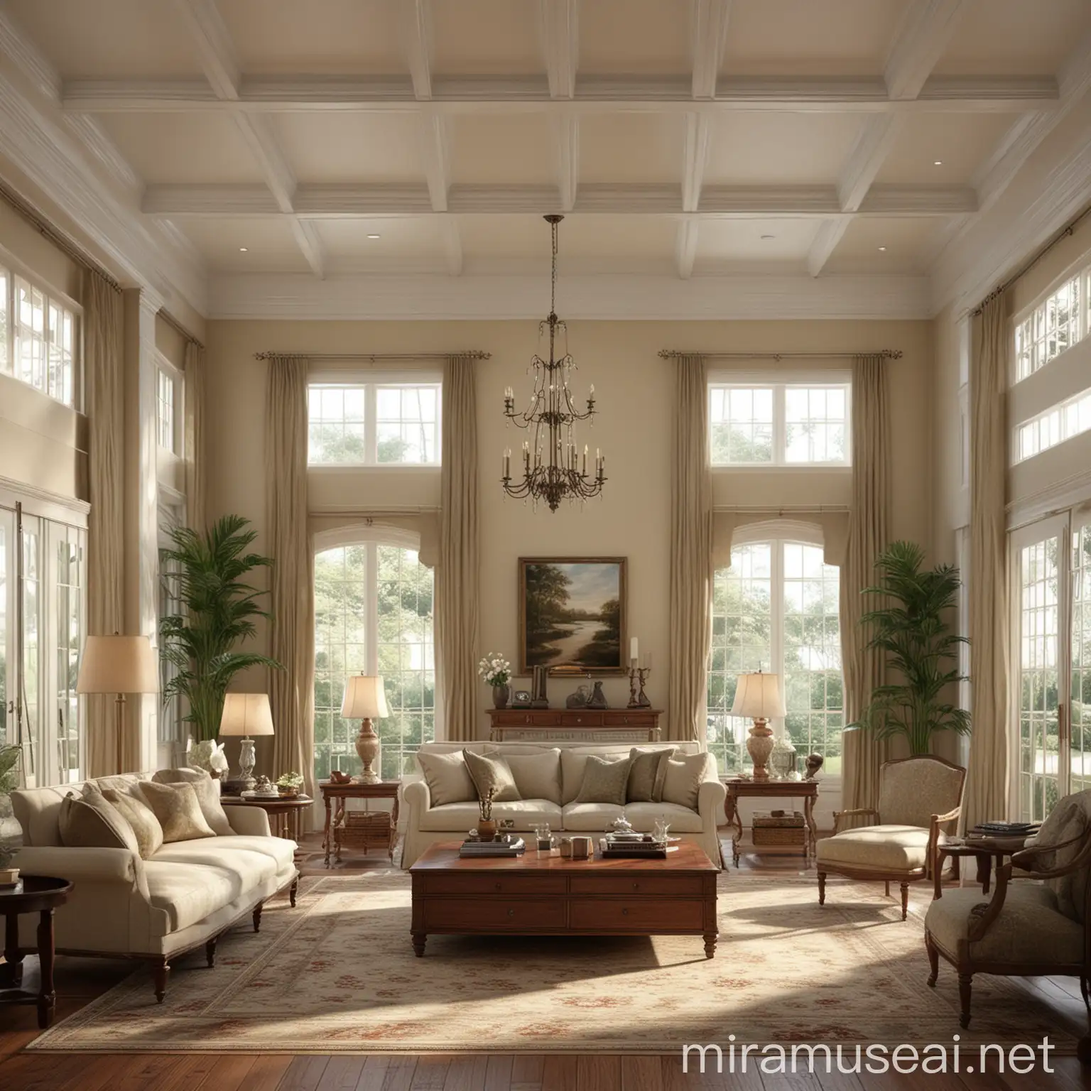 Spacious British Colonial Style Living Room with Elegant Furniture and Grand Chandelier