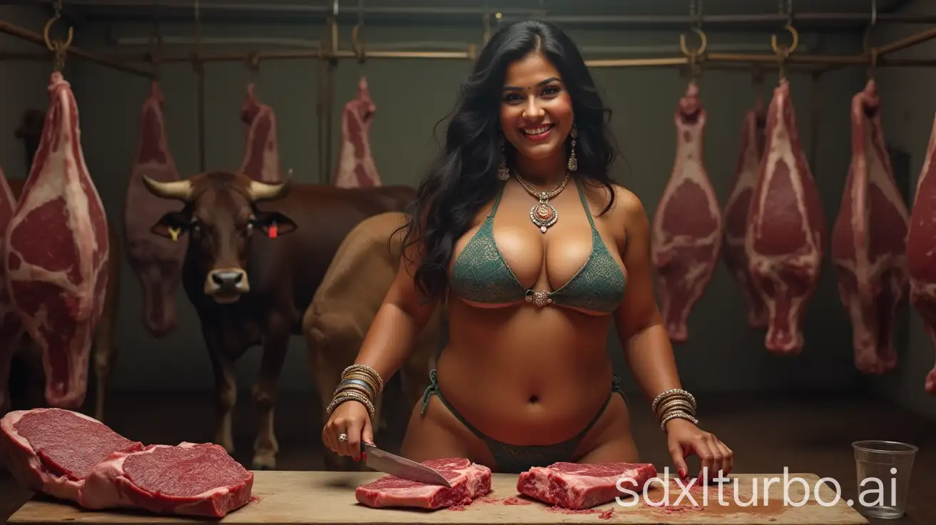 Curvy-Indian-Woman-in-Meat-Processing-Plant-with-an-Evil-Smile