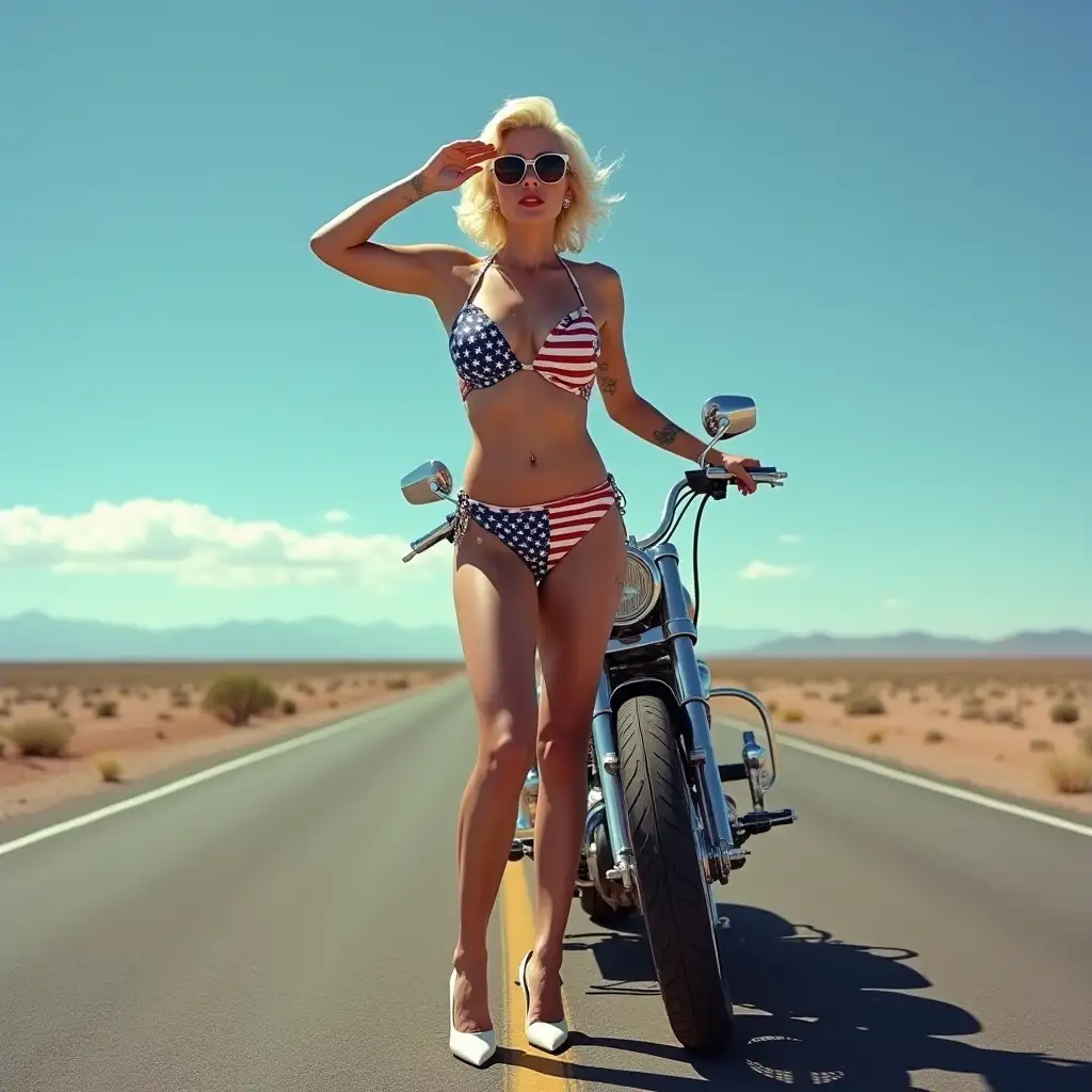 Marilyn-Monroe-in-USA-Flag-Bikini-Saluting-on-Harley-Motorcycle-in-Desert