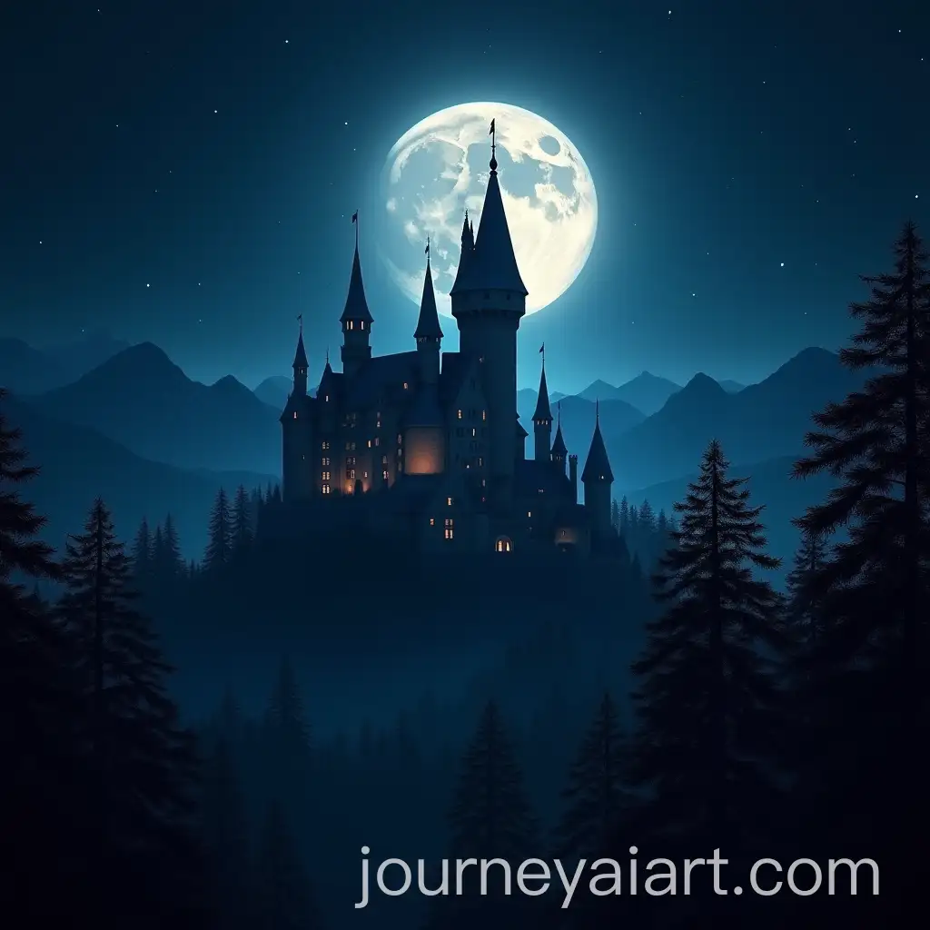 MoonAI-Art-Prompt-Expansionlit-Castle-Surrounded-by-Forest-at-Night