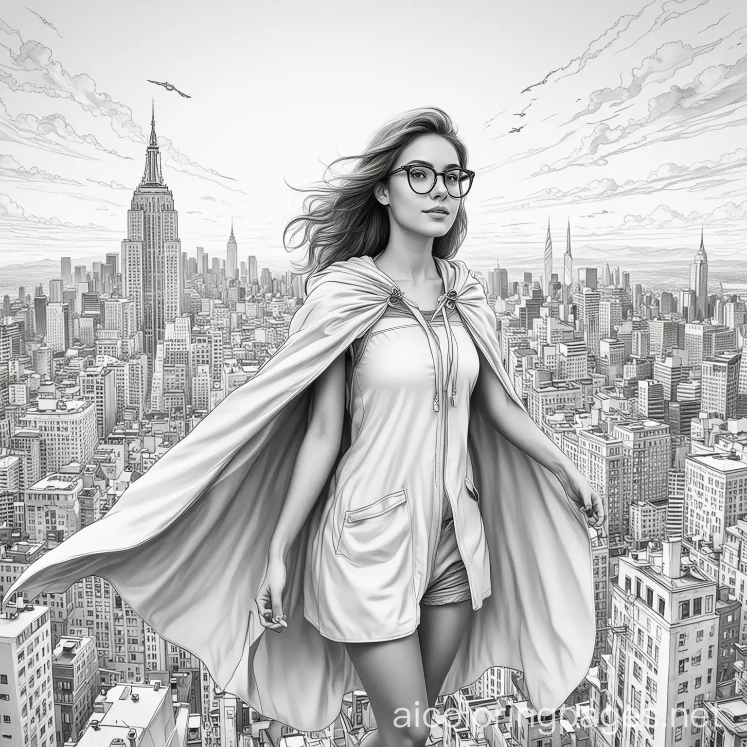 a young woman with glasses hovering over a city with a hero's cape, Coloring Page, black and white, line art, white background, Simplicity, Ample White Space