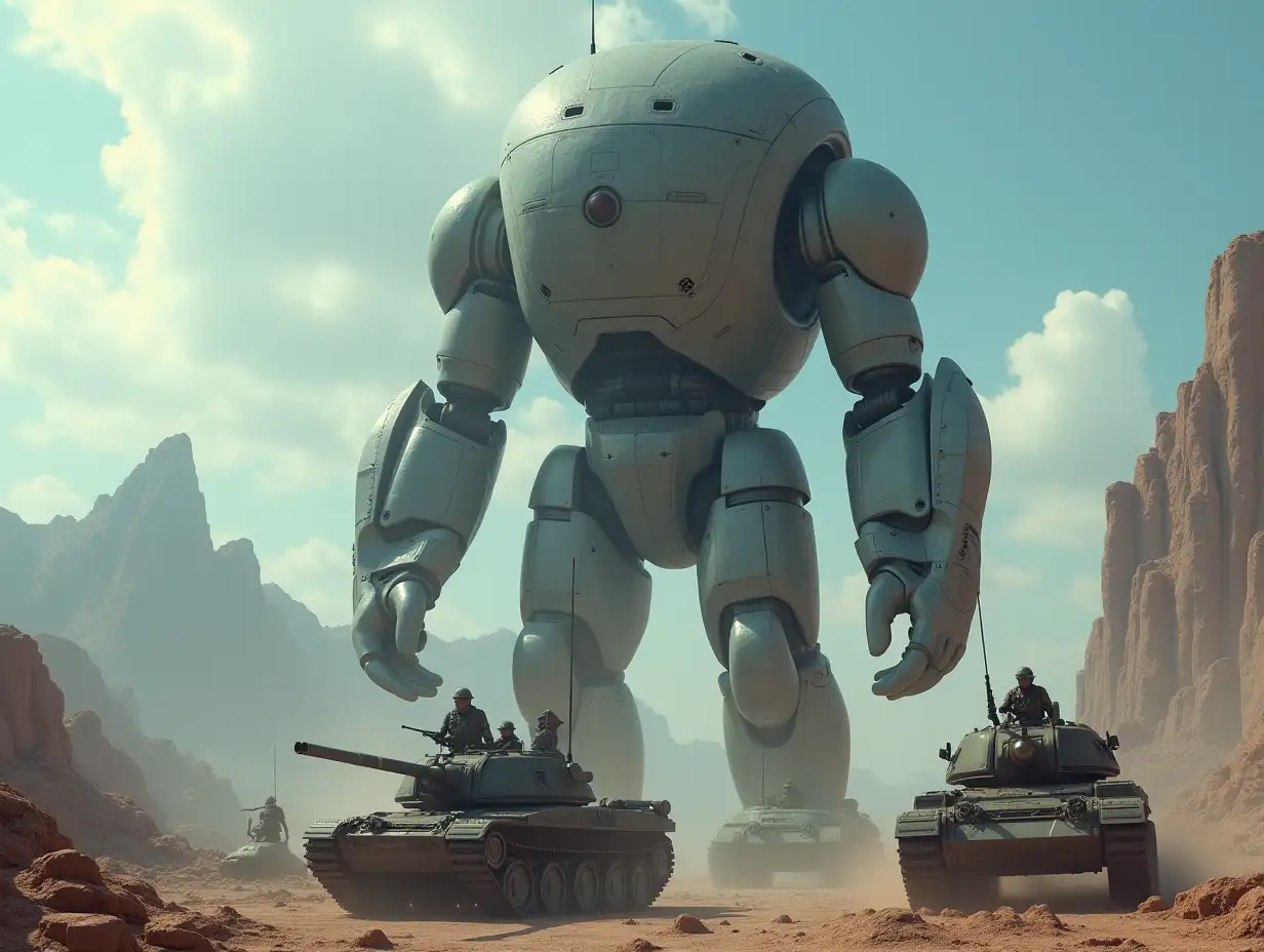 Create AI fantasy with a high-resolution, realistic image of the artificial Robert, 40 meters tall, and soldiers with weapons and tanks on the Neptune 4k resolution