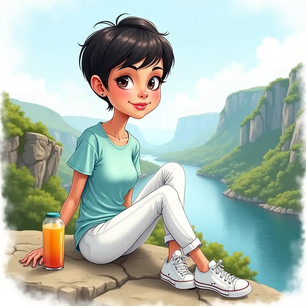 Caricature, caricature, Big head , beautiful woman with dark hair pixie haircut  Looking at camera ,sitting on a rock with scenic view in the background. Dressed in a fashionable stylish  pastel blue T-shirt ,white  jeans and white sneakers . Next to the character is a glass  bottle of juice .In the background you can see tall green cliffs and a winding river far below. Watercolor illustration.