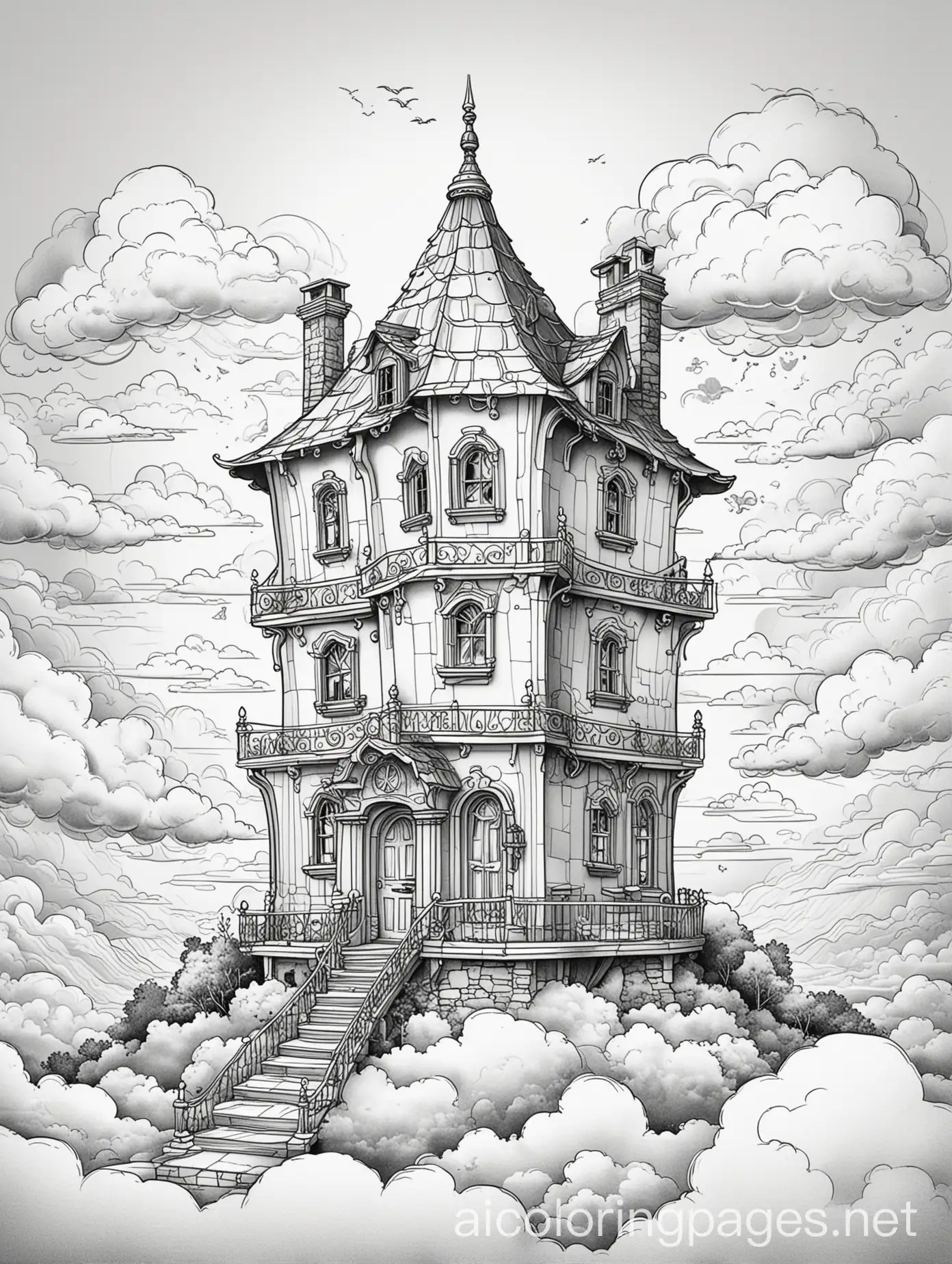 Fantasy-Glass-House-Coloring-Page-in-Sky-and-Clouds