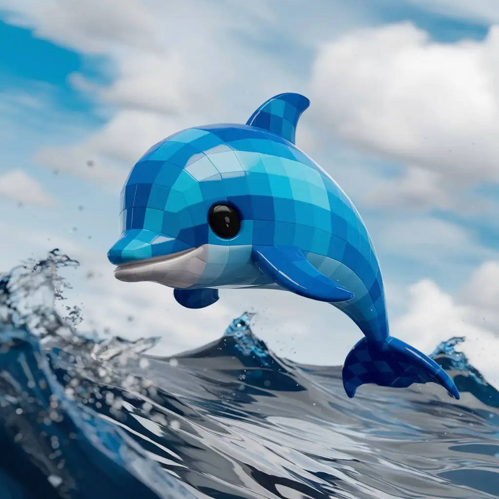 A cute 3D dolphin in the shape of a blue pixel.