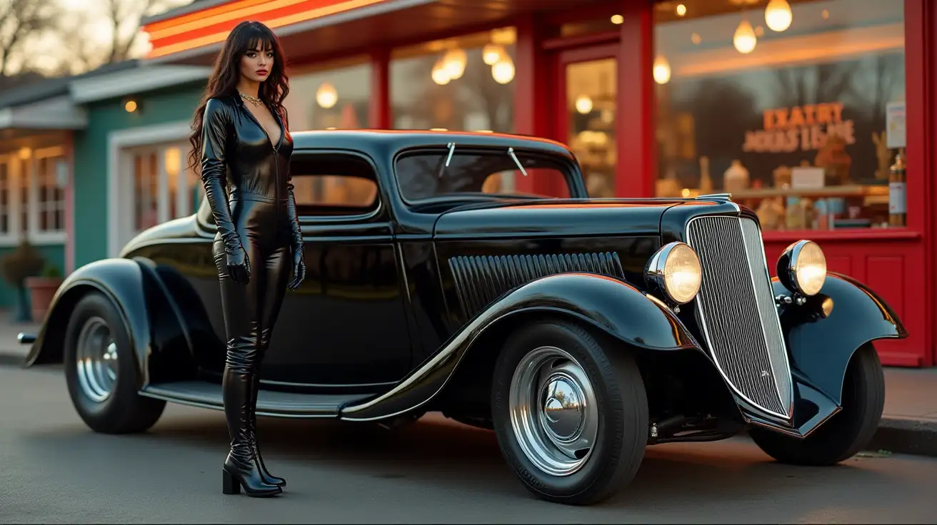 Woman-in-Shiny-PVC-Jumpsuit-Posing-Next-to-Rat-Rod-Outside-Vintage-Diner