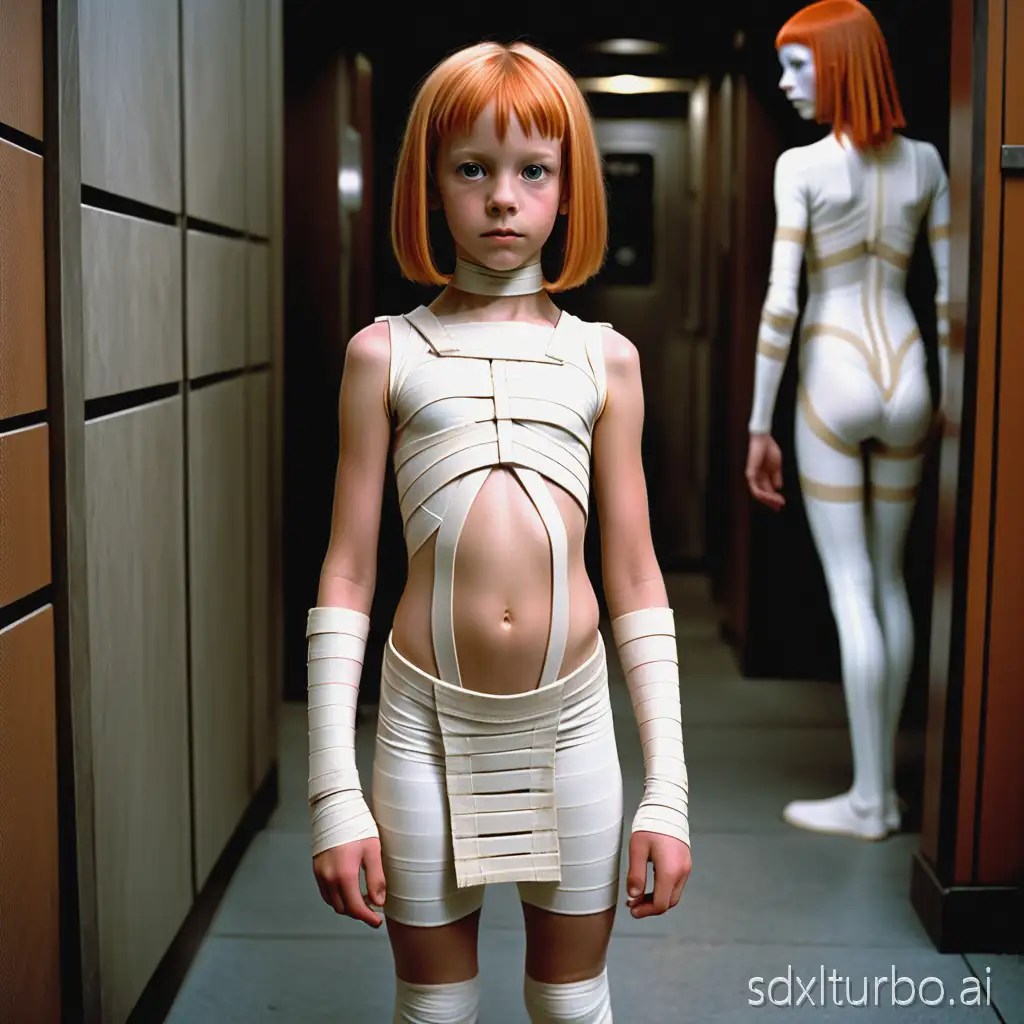 Very slender 11-year-old girl wearing the bandage costume from The Fifth Element