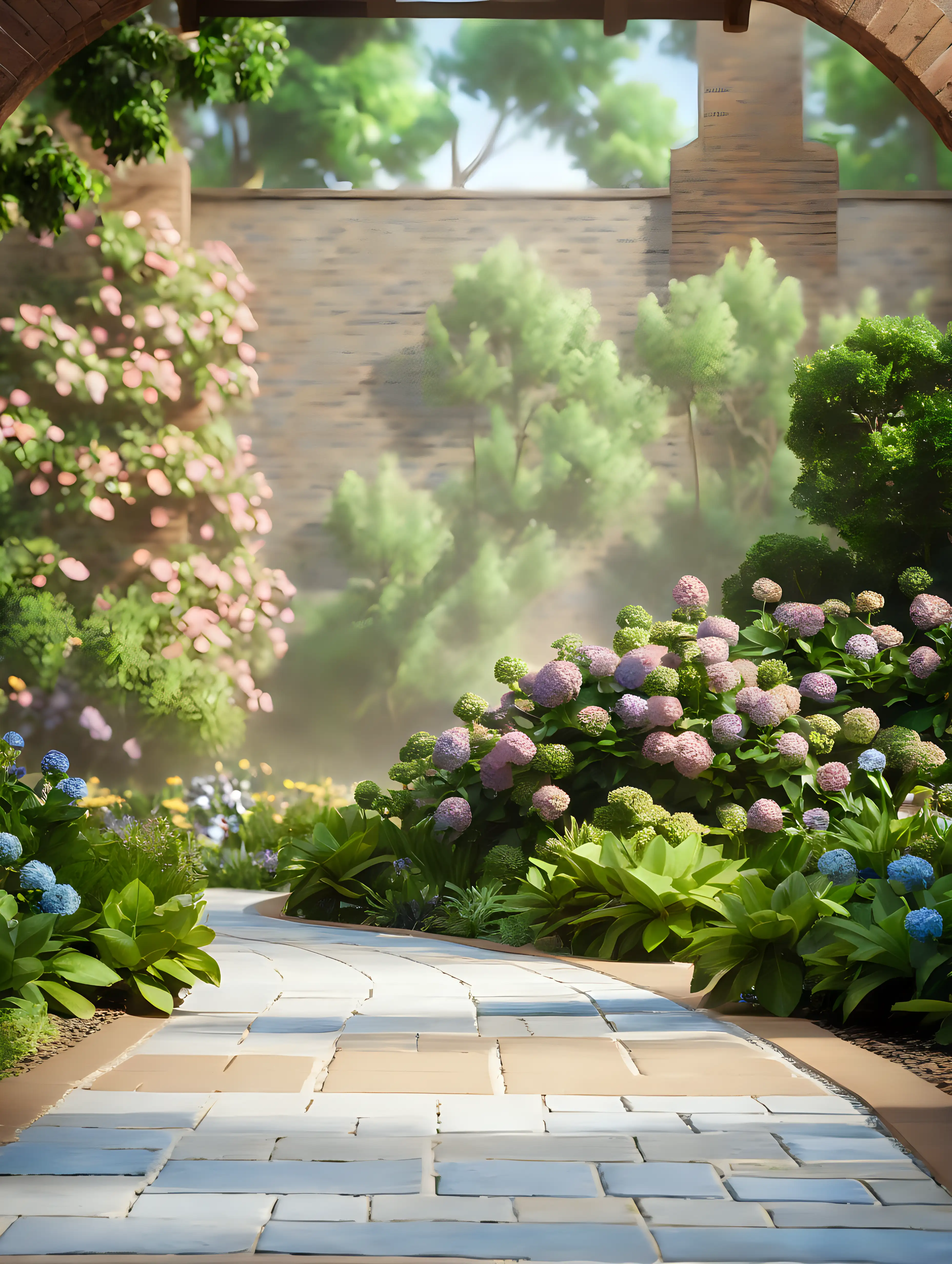 Serene Brick Path with Summer Flowers and Trees