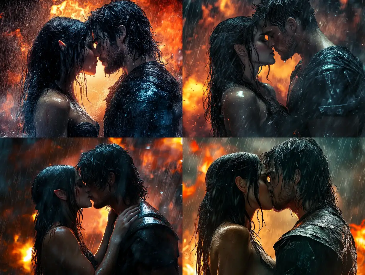 Elf-and-Warrior-Kissing-in-the-Rain-with-Fire-and-Water-Background