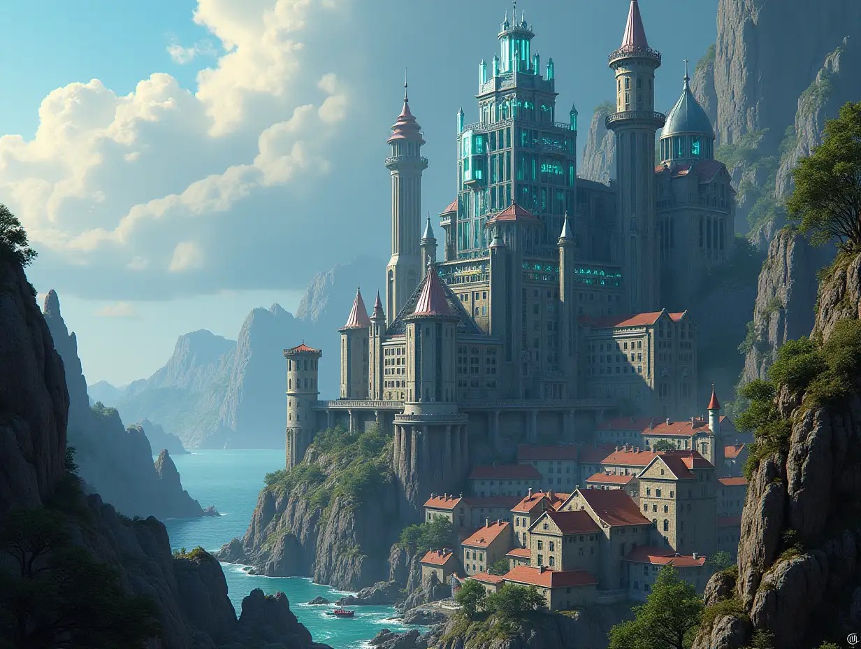 Create a scene with a futuristic castle. The castle should be made of glass and metal, with bright neon elements and unusual architecture. At the bottom, next to the castle, draw a medieval town with narrow streets, stone houses. The town should be surrounded by steep cliffs.