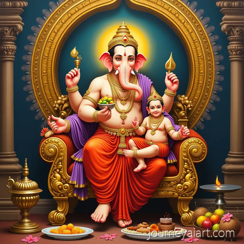 Lord-Ganesha-and-Lord-Murugan-on-Ornate-Golden-Throne-in-Traditional-Indian-Painting