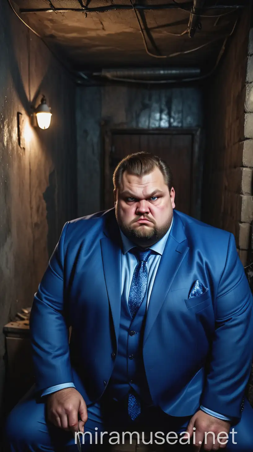 Corpulent Man in Expensive Business Suit with Knife in Dark Basement