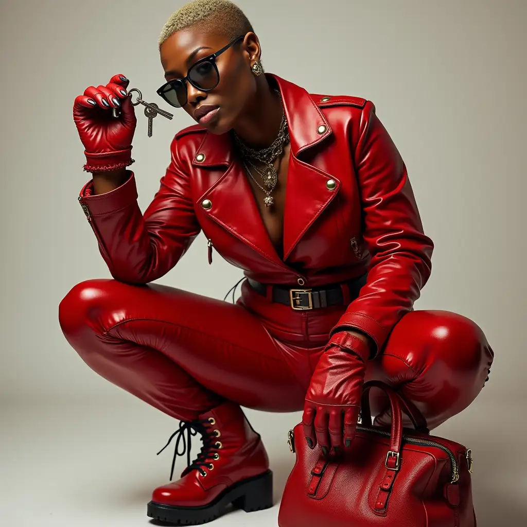 Female-African-Rapper-in-Red-Leather-with-Shaved-Head-and-Combat-Boots