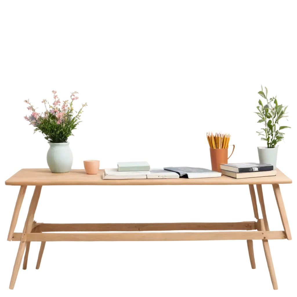 Studio-Table-with-Plants-Books-and-Flowers-PNG-Image-for-Creative-Use