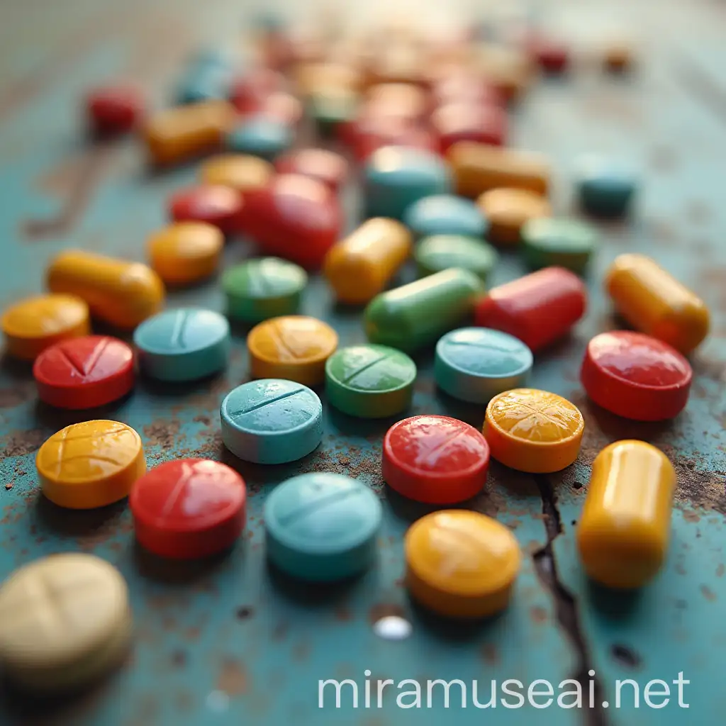 Vibrant Array of Colorful Pills on Textured Surface