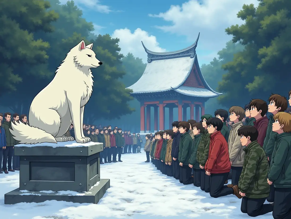 Temple. To the left on the plinth stands a fat white polar fox, to the right a crowd of people of different ages in various clothes (but mostly in camouflage) kneel on both knees before the fat white polar fox. Anime style.