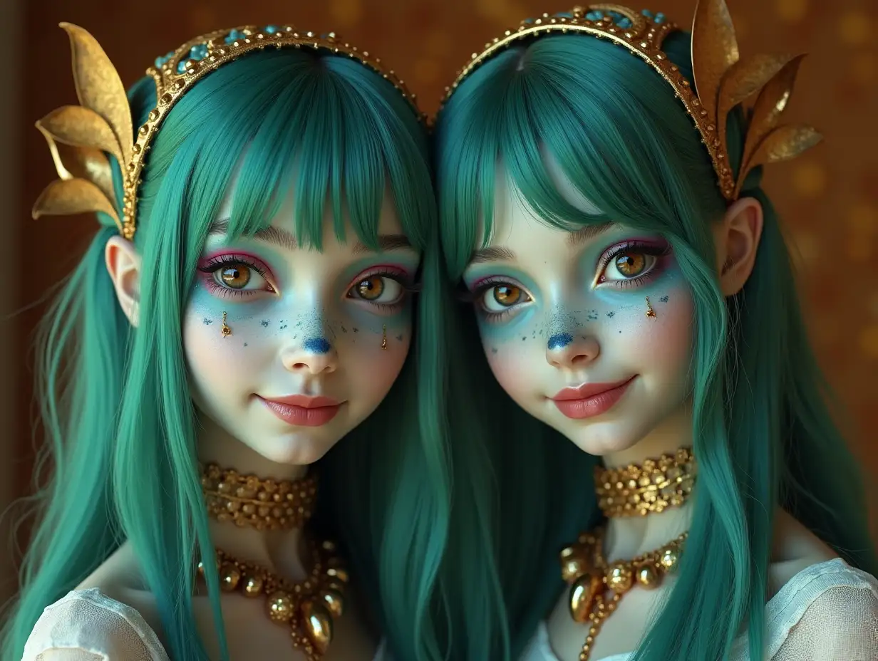 Two young blue Girls with Alien face,with green hair, with a slight smile on their faces, emphasizing their smiles, modern retro jewelry, in a Temple with much Gold of various shades 4k quality