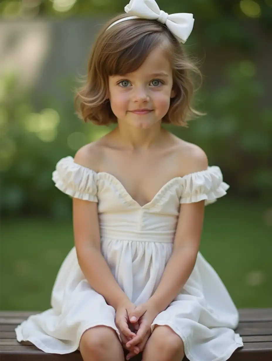 Slender little girl. Blue eyes. Short hair, bows. Shiny skin. Strapless, short sleeved, off the shoulders summer minidress with a plunging wide v neckline. Sitting on a bench in a garden. Legs visible.