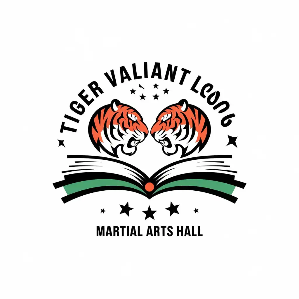 a vector logo design,with the text "Tiger Valiant military lectures martial arts hall", main symbol:Two tiger heads face to face in a wrestling match, one orange one sketch, with book elements, flat style,Minimalistic,be used in Education industry,clear background