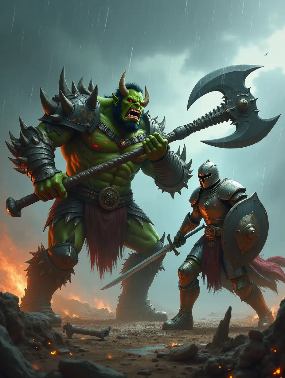 Create an epic scene of a massive orc warrior clashing with a human knight on a stormy battlefield. The orc is green-skinned, muscular, and wearing jagged, tribal armor with spikes and glowing red runes, wielding a massive double-headed axe. The human knight is in shining silver and gold armor, holding a large sword and shield, with a determined expression. The battlefield is muddy, with debris, sparks, and fire in the background, and rain pouring down from dark storm clouds. The atmosphere is intense and cinematic