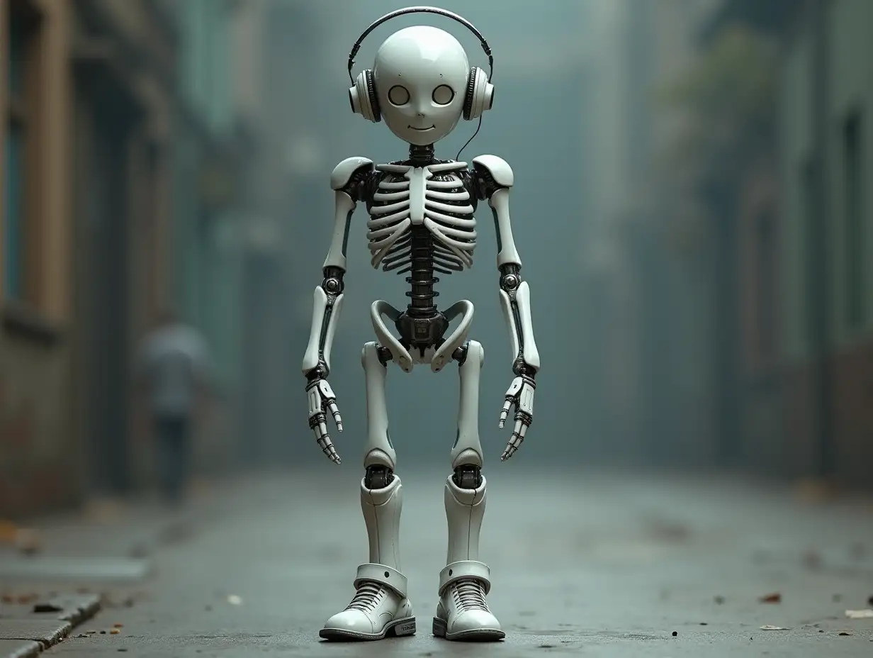 Create a high-resolution, realistic image of a robot standing with a skeleton body, porcelain hands, porcelain head, headphones, arms and legs on the ground in a 4k resolution Steampunk 8k quality