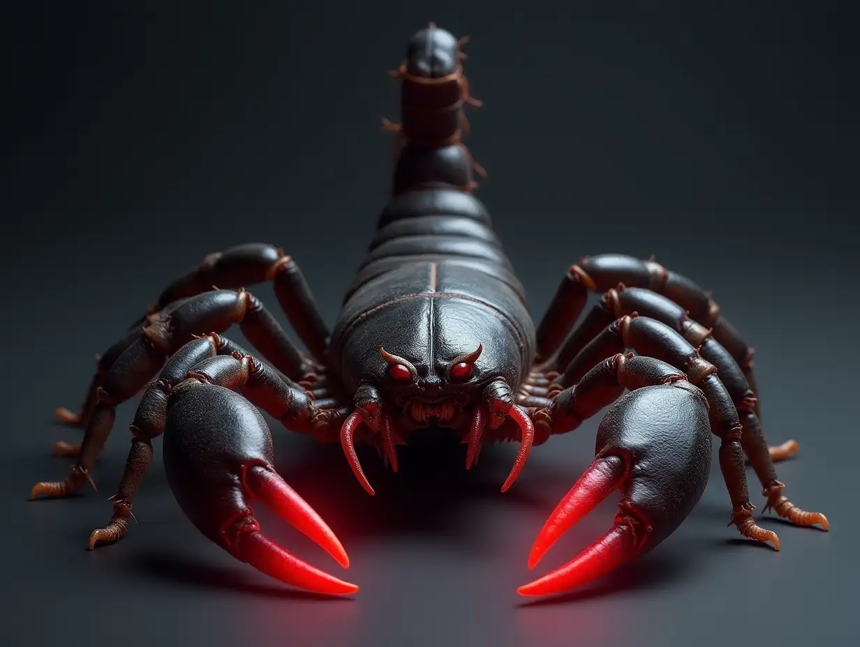 scorpion, black body, grey shine, red glowing details, animated red glowing tongs and raised sting, detailed, sharp, front view