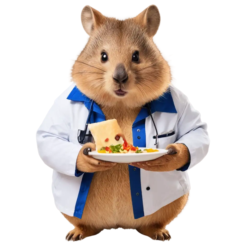 Fat Quokka in a doctor jacket eating along of food