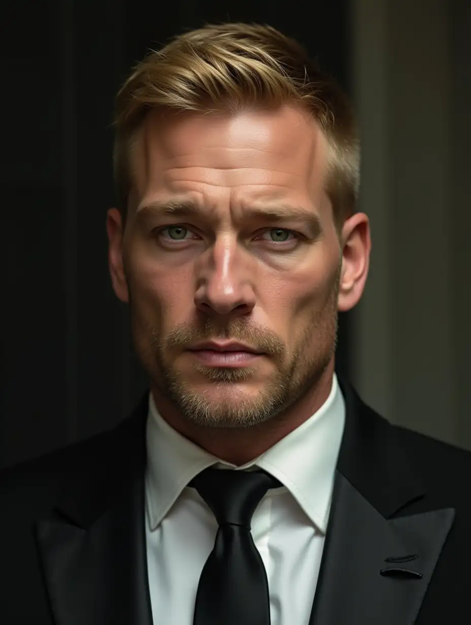 extremely handsome. short blond hair. sharp green eyes.  Mafia. Not identical but he looks like tom hardy. Strong physique, buff and thick but not fat. no chin dimple.