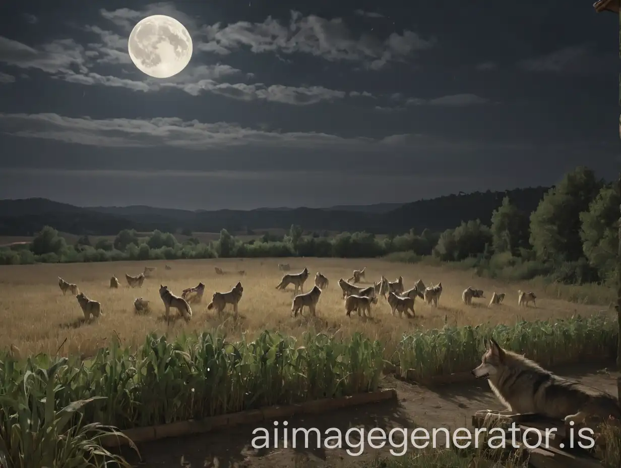 Harvesting-Field-at-Night-Wolves-Howling-under-Full-Moon