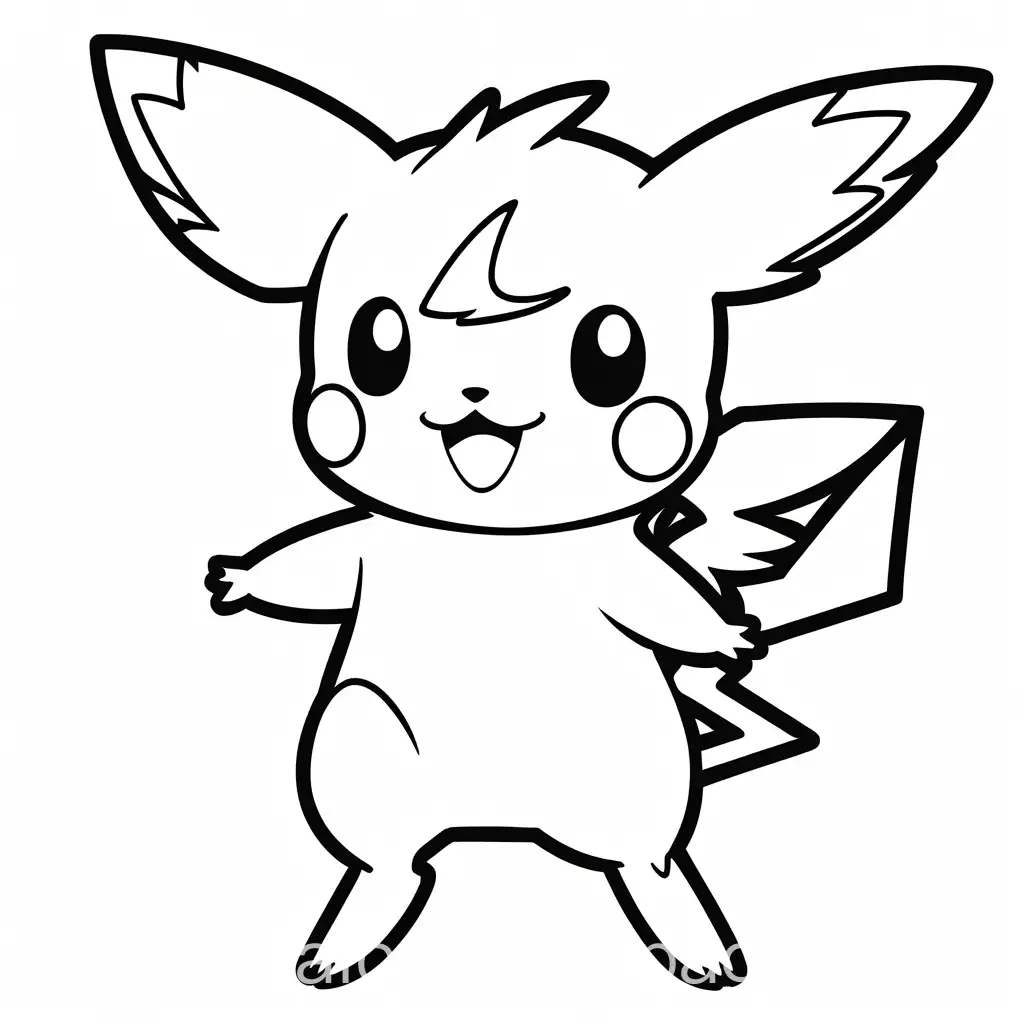 Pokemon character, Coloring Page, black and white, line art, white background, Simplicity, Ample White Space. The background of the coloring page is plain white to make it easy for young children to color within the lines. The outlines of all the subjects are easy to distinguish, making it simple for kids to color without too much difficulty