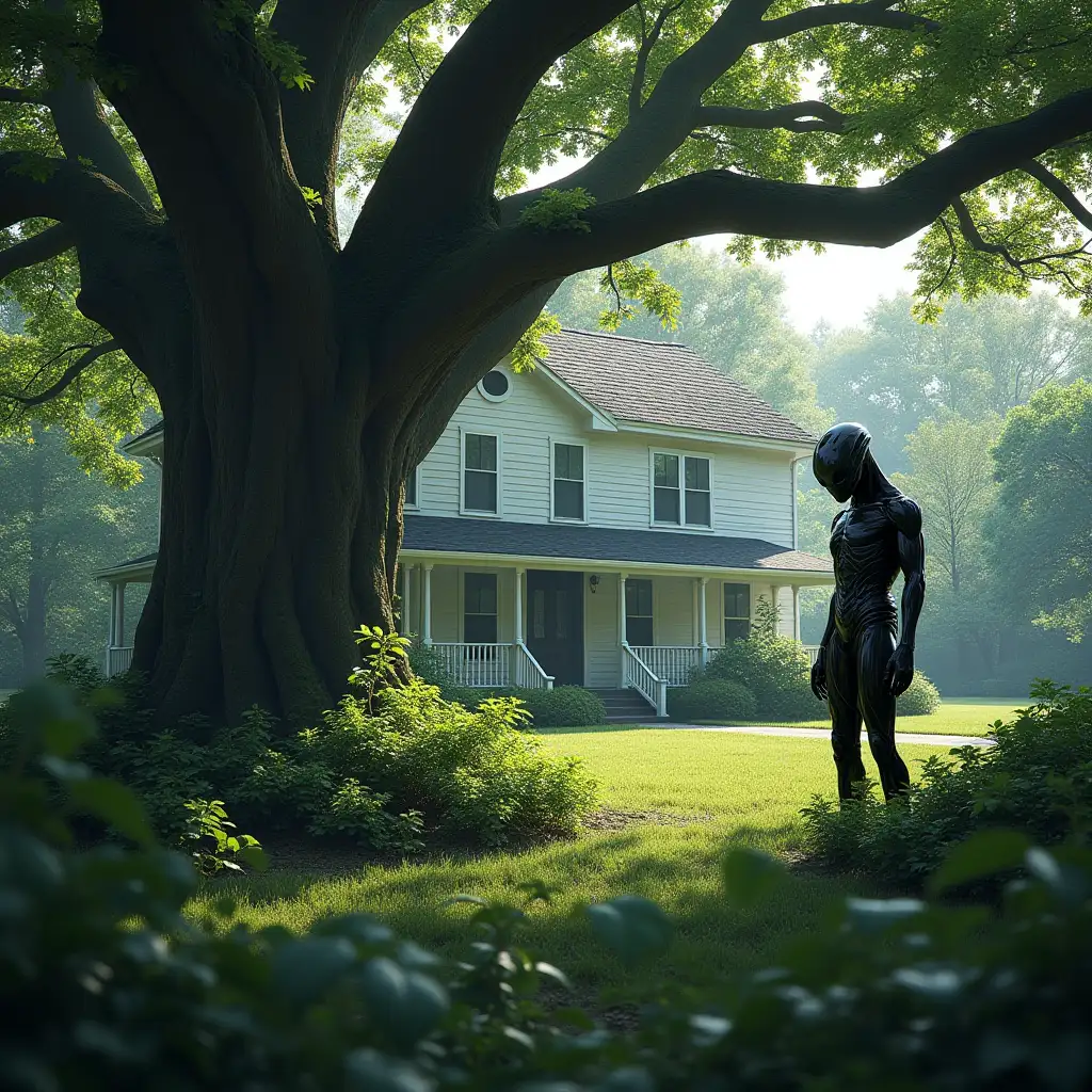 Alien Reptoid Concealed by Bushes Near a White House with Towering Trees