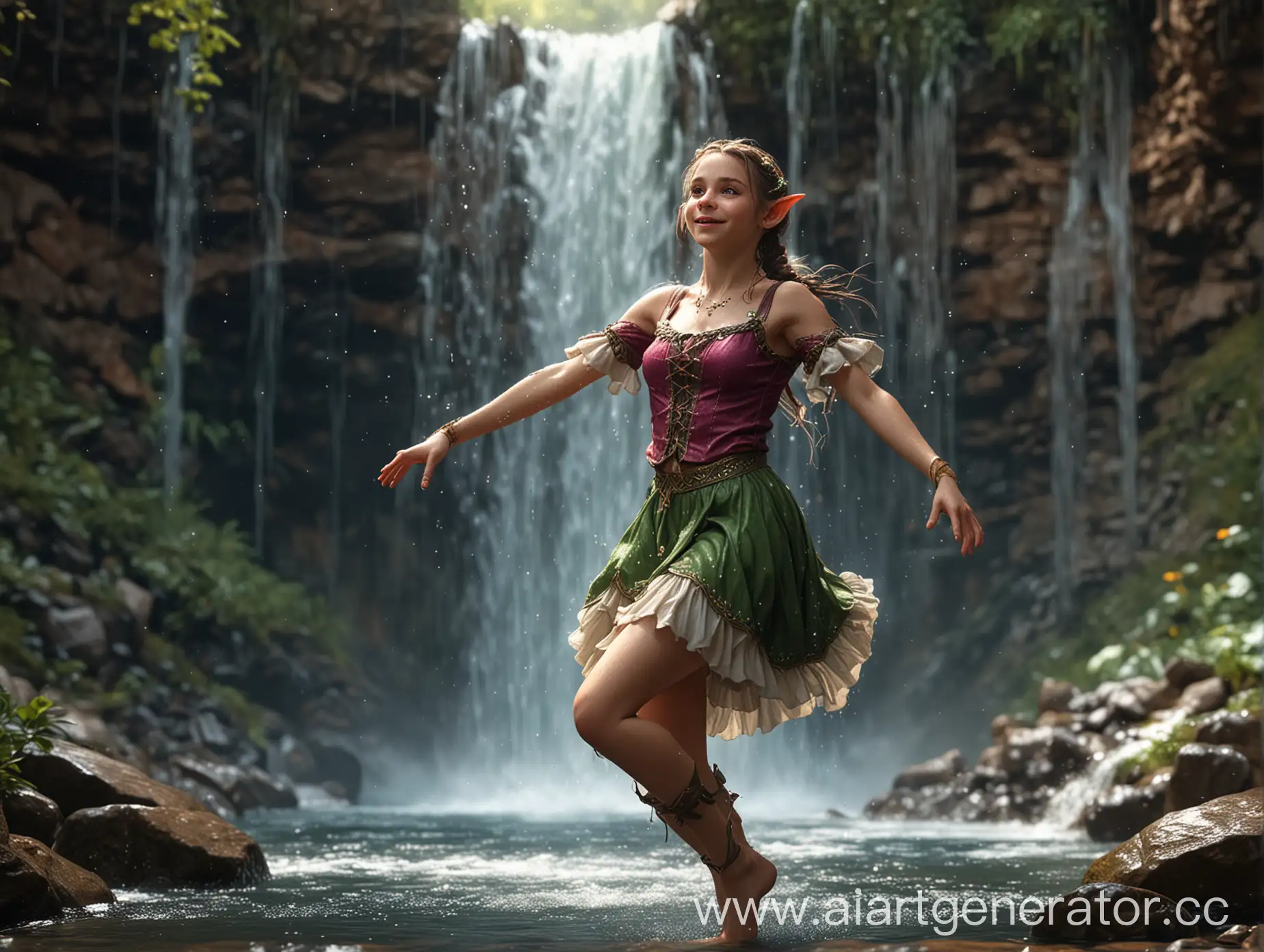 Ultrarealistic-Cute-Young-Female-Elf-Dancing-Under-a-Waterfall-in-Colorful-Skirt