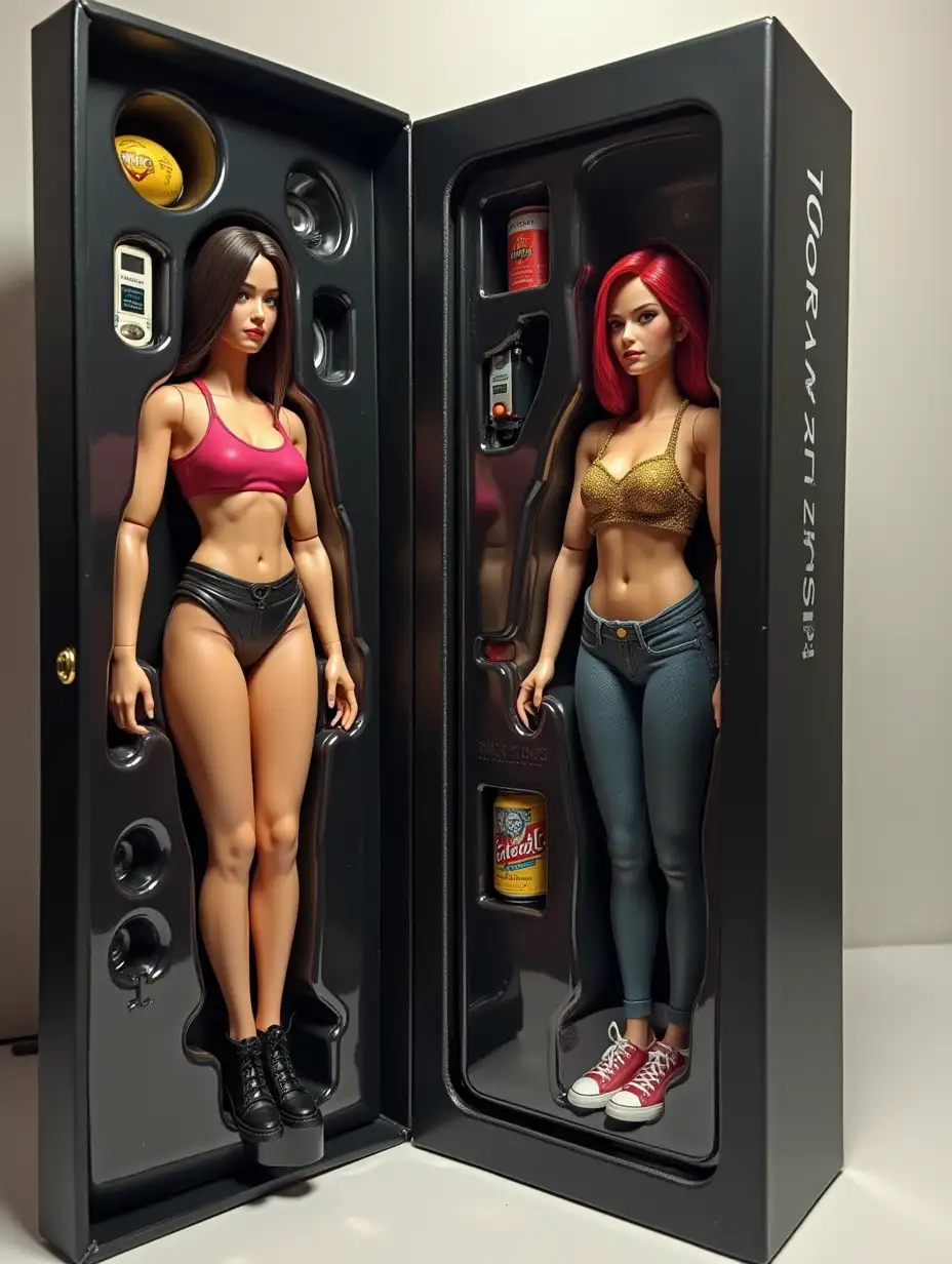 Create a personalized action figure with the person in the photo in a transparent plastic blister pack. The figure should be in full height. The box must be black. The box next to the figurine should contain her accessories: a Smokant Knight 80 vape, a phone, a Doctor Diesel beer with banana and strawberry flavor. At the top of the box, add the inscription 'v'.