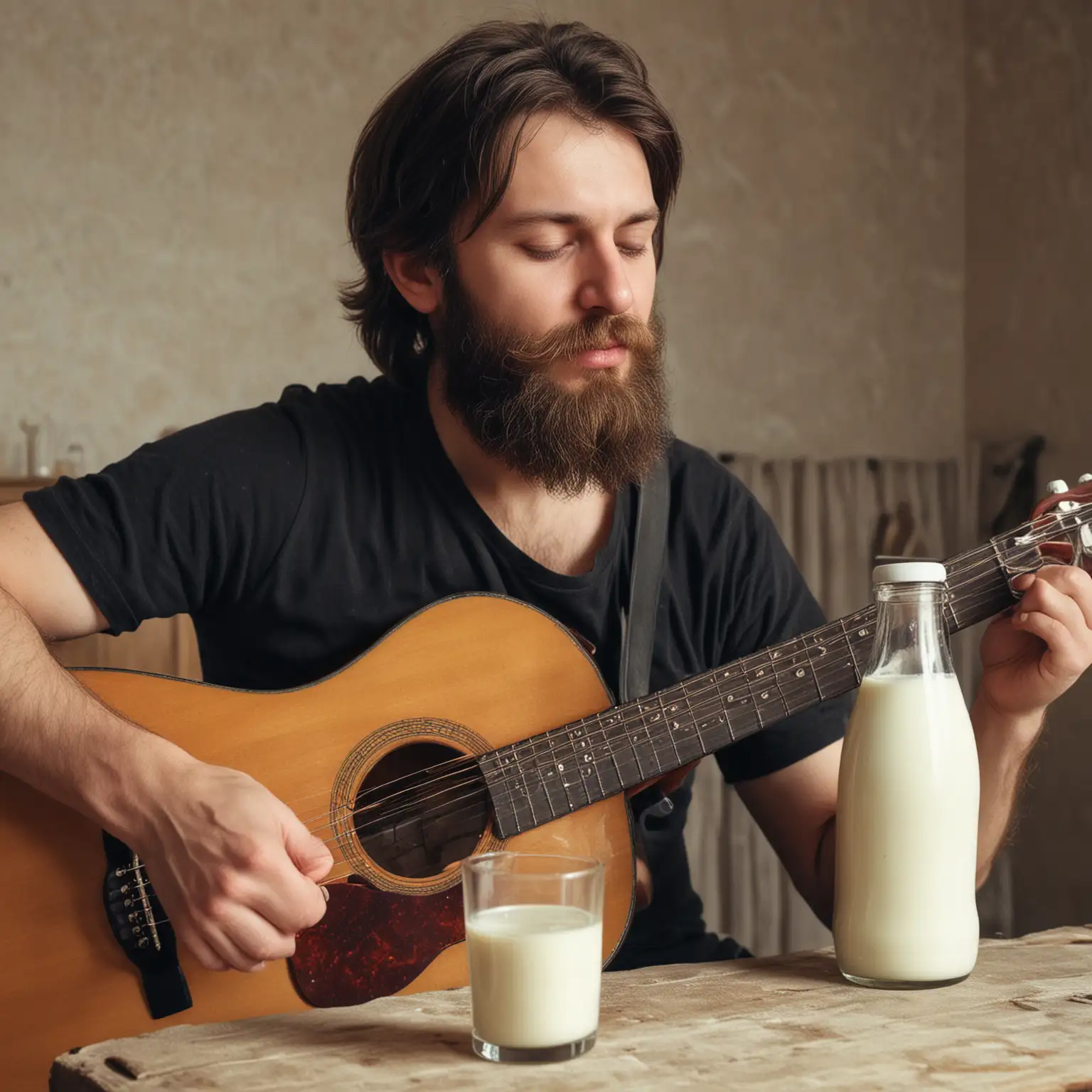 The guy named Stepan playing guitar and drinking milk. 1 day beard, 40 years old, little bit drunk. Milk in the background