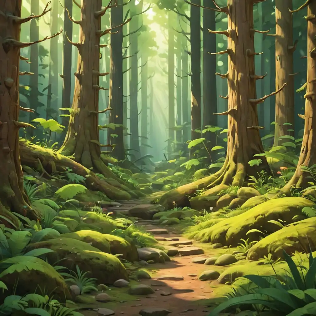 Enchanting-Cartoon-Forest-Background-with-Lush-Greenery-and-Sunlight-Filters