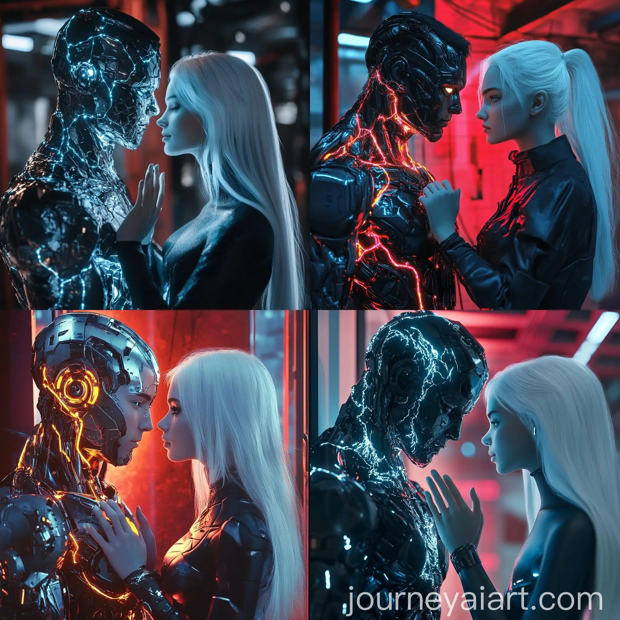Futuristic-Electric-Metal-Man-and-WhiteHaired-Womans-Gentle-Palm-Touch
