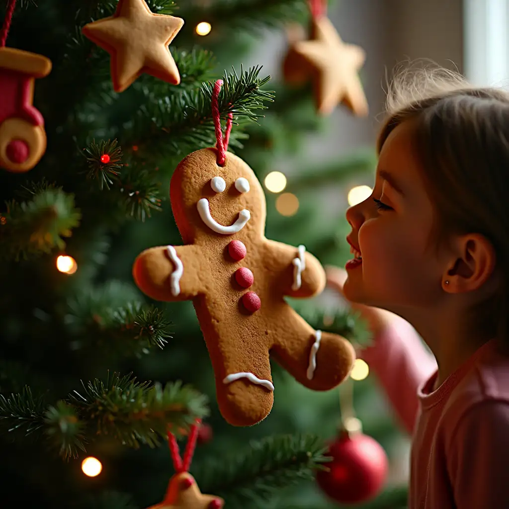 A gingerbread man happily hanging on a green and well-lit Christmas tree. There are also other cookies hanging around decorating the tree: a train, a star, a ball. A child is smelling the cookies and smiling.